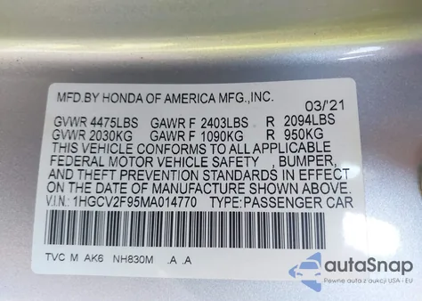 2021 Honda Accord Touring z USA, uszkodzony, nr VIN 1HGCV2F95MA014770